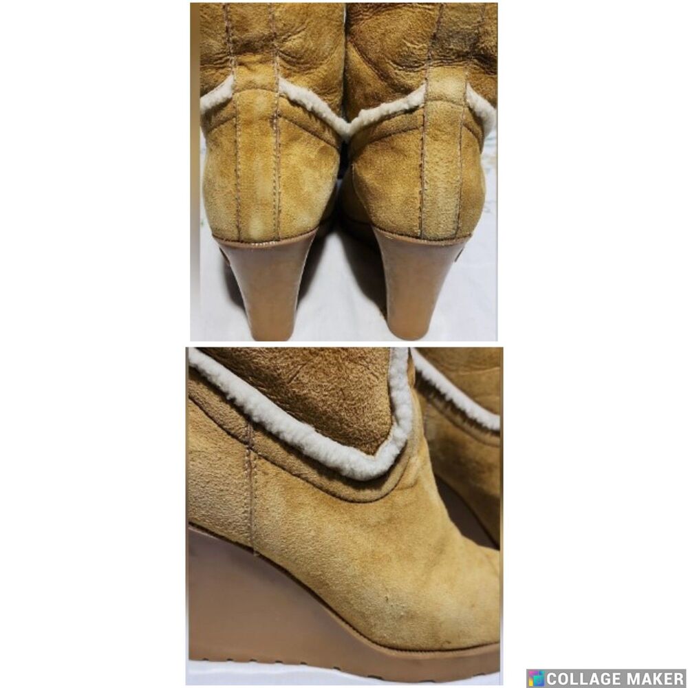 Gucci Tan Suede Shearling Wedge Heel Boots Womens 6.5 B Winter Luxury - Picture 5 of 15